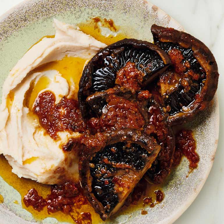 Portobellosteak met puree van limabonen